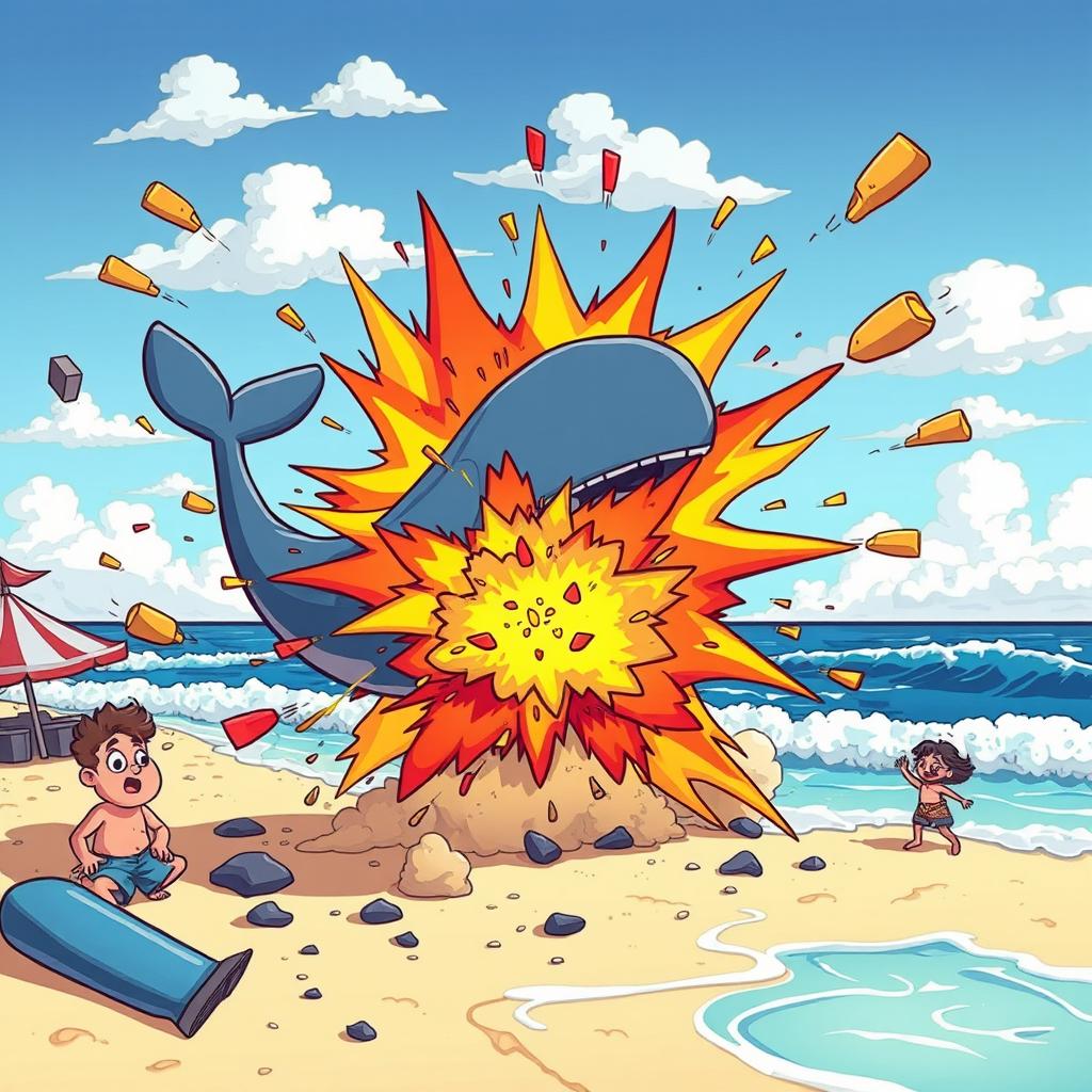 A vibrant cartoon scene illustrating a playful reenactment of an explosion on a beach, where a large cartoon whale is dramatically depicted mid-explosion with colorful, exaggerated cartoon-style effects