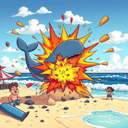 A vibrant cartoon scene illustrating a playful reenactment of an explosion on a beach, where a large cartoon whale is dramatically depicted mid-explosion with colorful, exaggerated cartoon-style effects