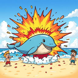 A vibrant cartoon scene illustrating a playful reenactment of an explosion on a beach, where a large cartoon whale is dramatically depicted mid-explosion with colorful, exaggerated cartoon-style effects