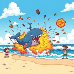 A vibrant cartoon scene illustrating a playful reenactment of an explosion on a beach, where a large cartoon whale is dramatically depicted mid-explosion with colorful, exaggerated cartoon-style effects