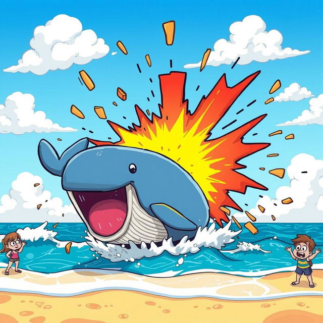 A vibrant cartoon scene illustrating a playful reenactment of an explosion on a beach, where a large cartoon whale is dramatically depicted mid-explosion with colorful, exaggerated cartoon-style effects