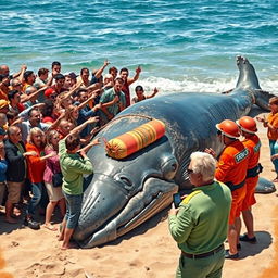 A dramatic scene depicting shocked onlookers witnessing the placement of dynamite on a massive beached whale