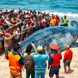 A dramatic scene depicting shocked onlookers witnessing the placement of dynamite on a massive beached whale