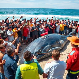 A dramatic scene depicting shocked onlookers witnessing the placement of dynamite on a massive beached whale
