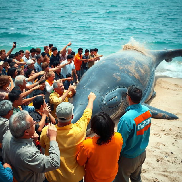 A dramatic scene depicting shocked onlookers witnessing the placement of dynamite on a massive beached whale