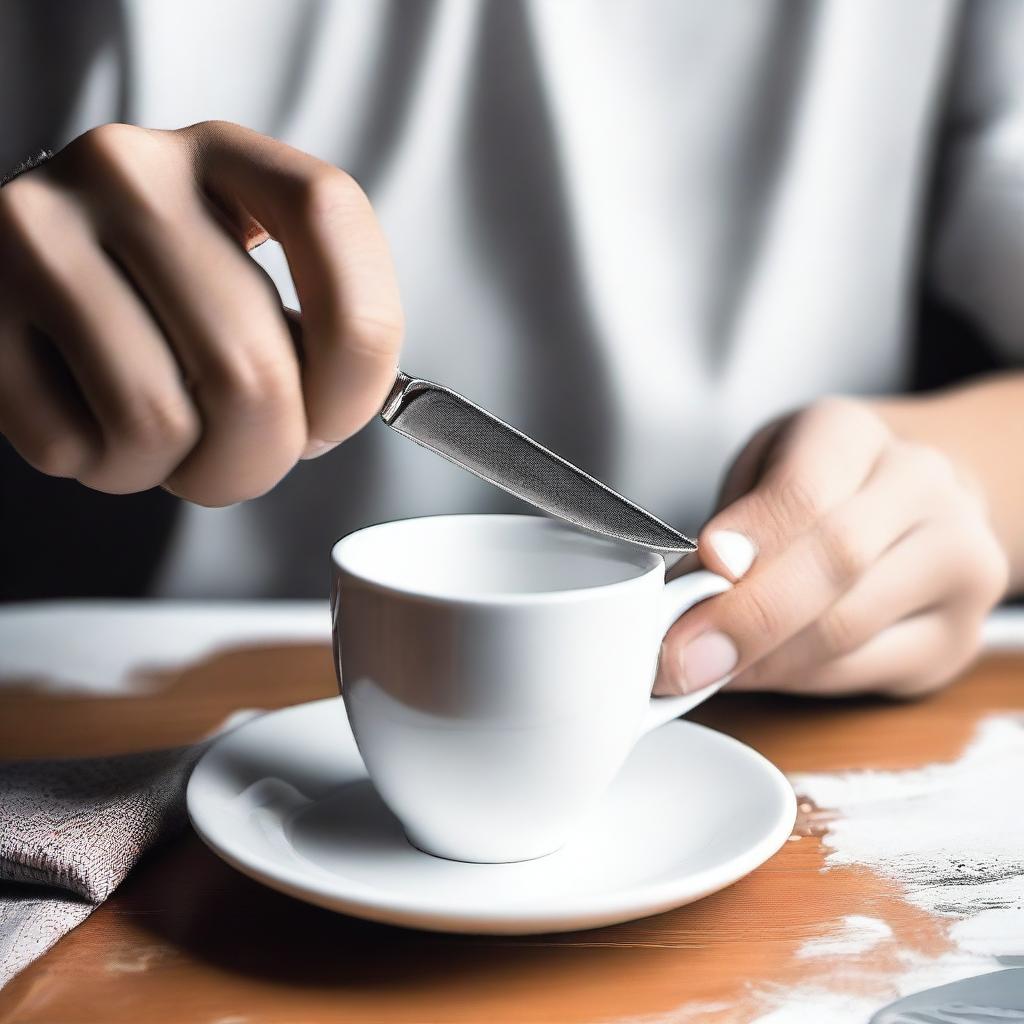 Create a high-quality, real-life photograph portraying a teenager cutting a white cup on a white table with a knife