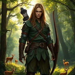 A heroic ranger standing tall in a lush, enchanted forest, clad in layered green and brown leather armor, equipped with a finely crafted bow slung over one shoulder