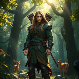 A heroic ranger standing tall in a lush, enchanted forest, clad in layered green and brown leather armor, equipped with a finely crafted bow slung over one shoulder