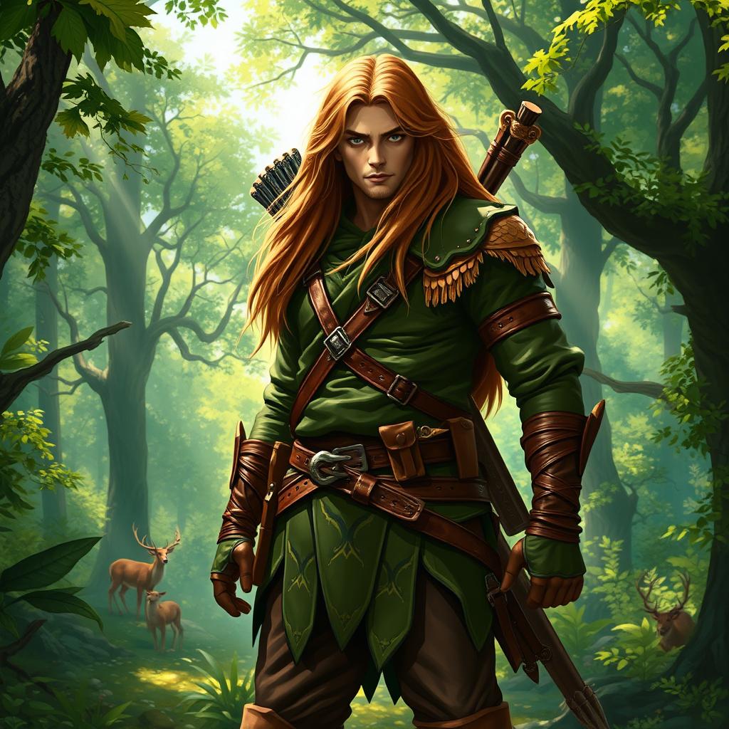 A heroic ranger standing tall in a lush, enchanted forest, clad in layered green and brown leather armor, equipped with a finely crafted bow slung over one shoulder