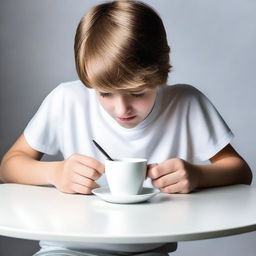 Create a high-quality, real-life photograph portraying a teenager cutting a white cup on a white table with a knife