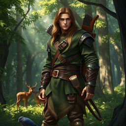 A heroic ranger standing tall in a lush, enchanted forest, clad in layered green and brown leather armor, equipped with a finely crafted bow slung over one shoulder