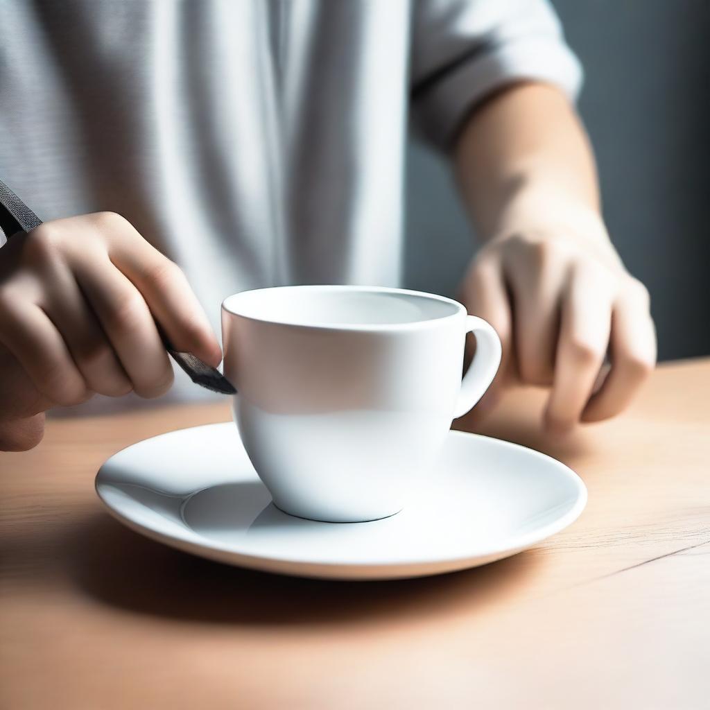 Create a high-quality, real-life photograph portraying a teenager cutting a white cup on a white table with a knife