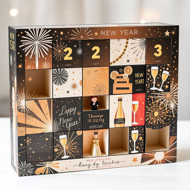 A beautifully designed advent calendar styled for New Year's celebrations, featuring 15 compartments for daily surprises