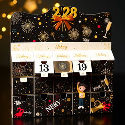 A beautifully designed advent calendar styled for New Year's celebrations, featuring 15 compartments for daily surprises
