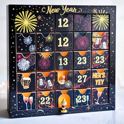A beautifully designed advent calendar styled for New Year's celebrations, featuring 15 compartments for daily surprises