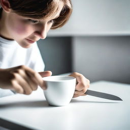 Create a high-quality, real-life photograph portraying a teenager cutting a white cup on a white table with a knife