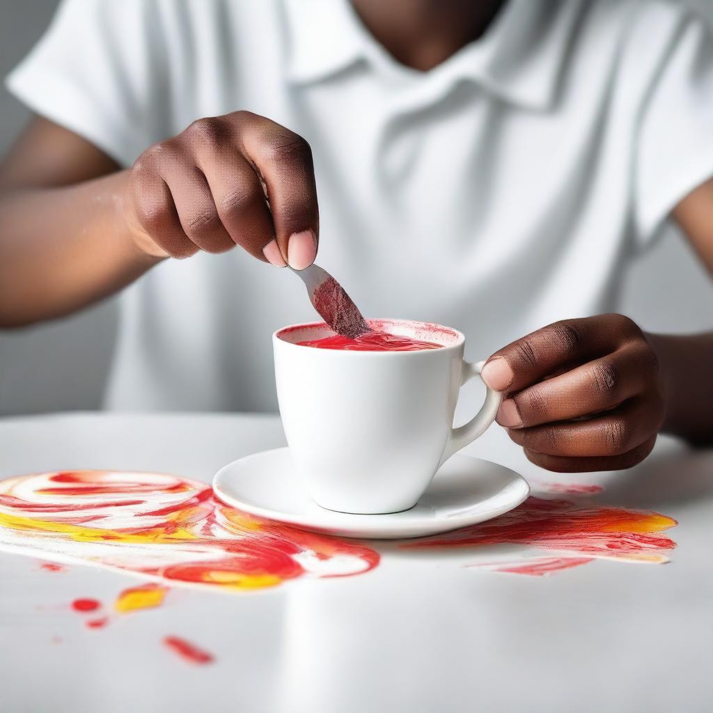 A high-resolution, real-life photograph of a teenager cutting a white cup on a white table with a knife, which is revealed to be a cake