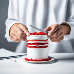 A high-resolution, real-life photograph of a teenager cutting a white cup on a white table with a knife, which is revealed to be a cake