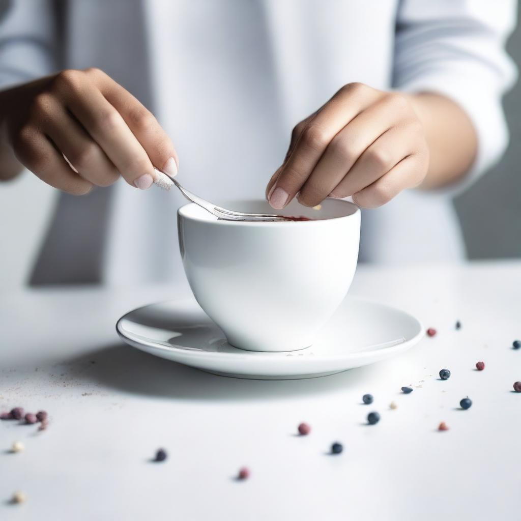 A high-resolution, real-life photograph of a teenager cutting a white cup on a white table with a knife, which is revealed to be a cake