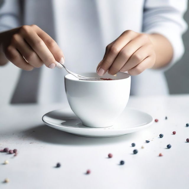 A high-resolution, real-life photograph of a teenager cutting a white cup on a white table with a knife, which is revealed to be a cake