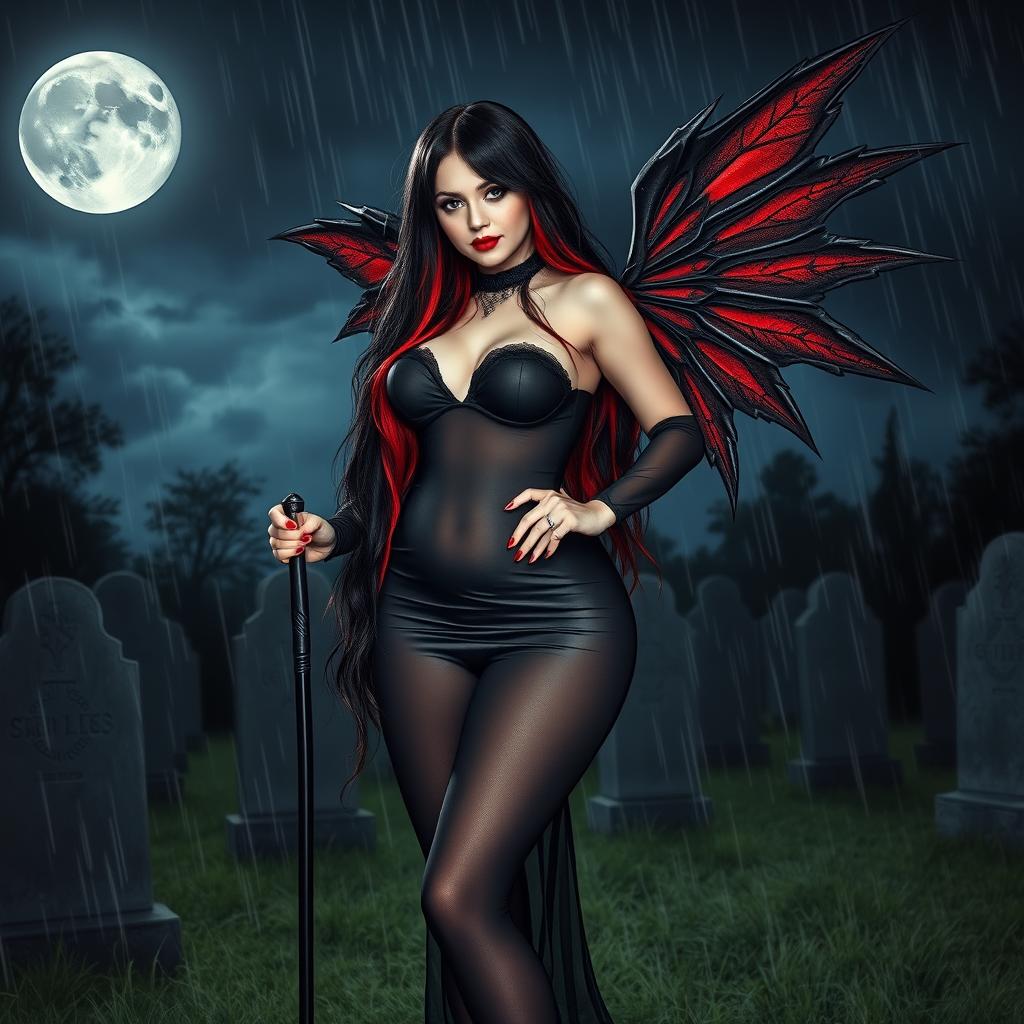 A beautiful, innocent, curvy, sexy girl with very long black, red, and silver hair stands in a graveyard at night, her sweet, soft face enhanced by dark gothic makeup