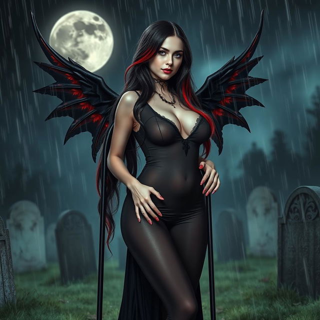 A beautiful, innocent, curvy, sexy girl with very long black, red, and silver hair stands in a graveyard at night, her sweet, soft face enhanced by dark gothic makeup