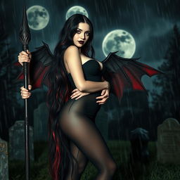 A beautiful, innocent, curvy, sexy girl with very long black, red, and silver hair stands in a graveyard at night, her sweet, soft face enhanced by dark gothic makeup
