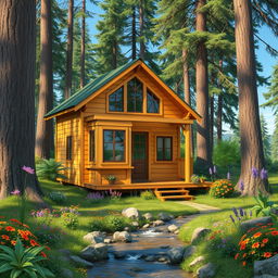A beautiful tiny house nestled in a serene forest setting, surrounded by tall trees and vibrant flowers