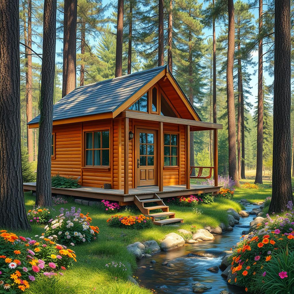 A beautiful tiny house nestled in a serene forest setting, surrounded by tall trees and vibrant flowers