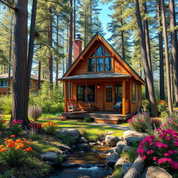 A beautiful tiny house nestled in a serene forest setting, surrounded by tall trees and vibrant flowers