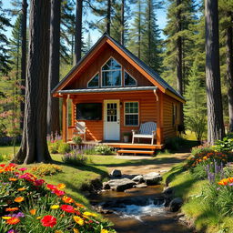A beautiful tiny house nestled in a serene forest setting, surrounded by tall trees and vibrant flowers