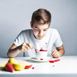 A high-resolution, real-life photograph of a teenager cutting a white cup on a white table with a knife, which is revealed to be a cake