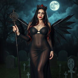A beautiful, innocent, curvy, sexy girl with very long black, red, and silver hair stands in a graveyard at night, her sweet, soft face adorned with dark gothic makeup