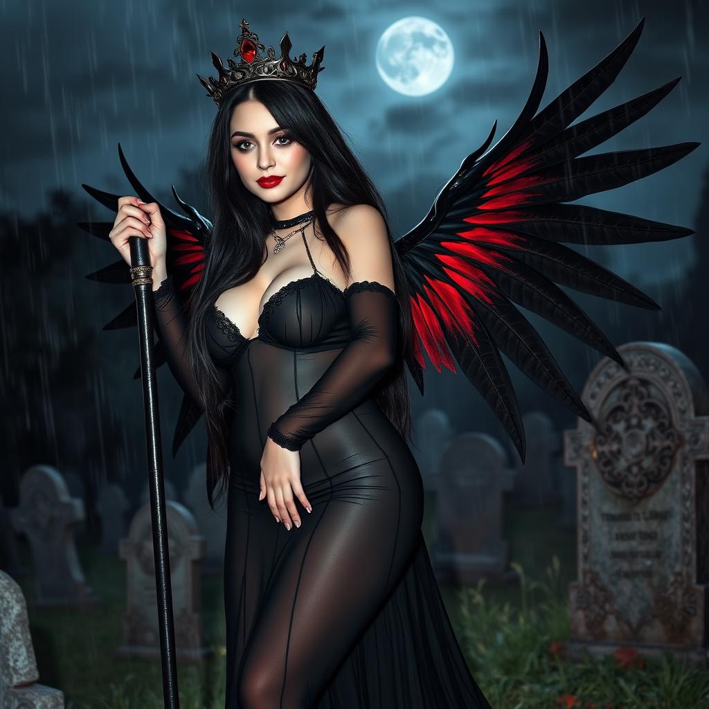 A beautiful, innocent, curvy, sexy girl with very long black, red, and silver hair stands in a graveyard at night, her sweet, soft face adorned with dark gothic makeup