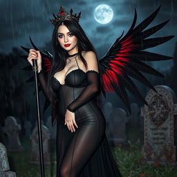 A beautiful, innocent, curvy, sexy girl with very long black, red, and silver hair stands in a graveyard at night, her sweet, soft face adorned with dark gothic makeup