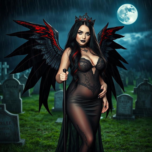 A beautiful, innocent, curvy, sexy girl with very long black, red, and silver hair stands in a graveyard at night, her sweet, soft face adorned with dark gothic makeup