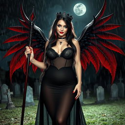 A beautiful, innocent, curvy, sexy girl with very long black, red, and silver hair stands in a graveyard at night, her sweet, soft face adorned with dark gothic makeup