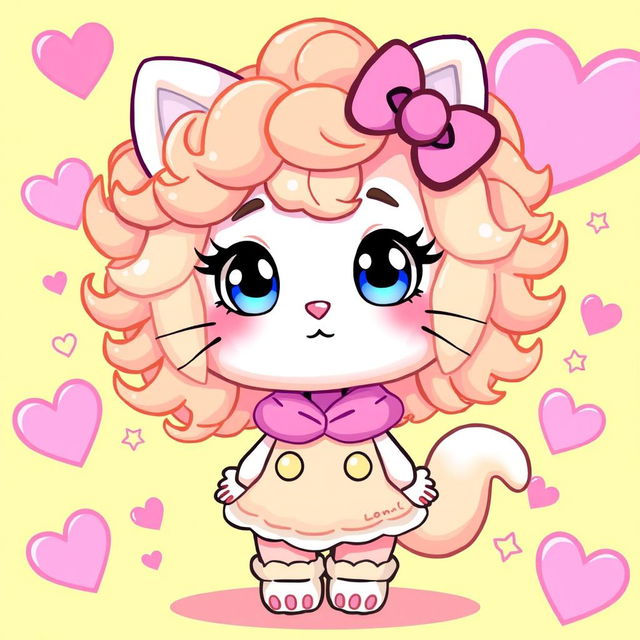 An adorable cartoon character styled as a furry creature with curly, bright-colored hair inspired by Hello Kitty, wearing a cute outfit, and surrounded by whimsical, pastel-colored elements