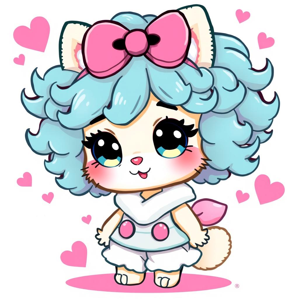 An adorable cartoon character styled as a furry creature with curly, bright-colored hair inspired by Hello Kitty, wearing a cute outfit, and surrounded by whimsical, pastel-colored elements