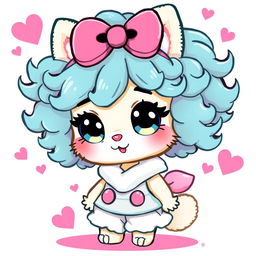 An adorable cartoon character styled as a furry creature with curly, bright-colored hair inspired by Hello Kitty, wearing a cute outfit, and surrounded by whimsical, pastel-colored elements