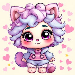 An adorable cartoon character styled as a furry creature with curly, bright-colored hair inspired by Hello Kitty, wearing a cute outfit, and surrounded by whimsical, pastel-colored elements