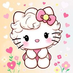 An adorable Hello Kitty character with curly or wavy fur, featuring her signature bow and sweet expression