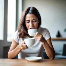 A high-quality, real-life photograph capturing a woman eating a real white cup