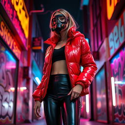 A hot slim girl with big boobs confidently posing in a shiny red tight puffer jacket that perfectly shapes her silhouette