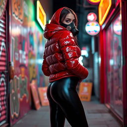 A hot slim girl with big boobs confidently posing in a shiny red tight puffer jacket that perfectly shapes her silhouette