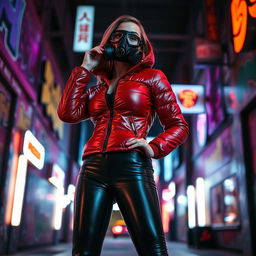 A hot slim girl with big boobs confidently posing in a shiny red tight puffer jacket that perfectly shapes her silhouette