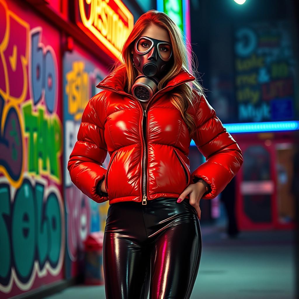 A hot slim girl with big boobs confidently posing in a shiny red tight puffer jacket that perfectly shapes her silhouette