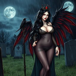 A beautiful, innocent, curvy, sexy girl with very long black, red, and silver hair stands in a graveyard at night, her sweet, soft face accentuated by dark gothic makeup