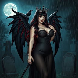 A beautiful, innocent, curvy, sexy girl with very long black, red, and silver hair stands in a graveyard at night, her sweet, soft face accentuated by dark gothic makeup
