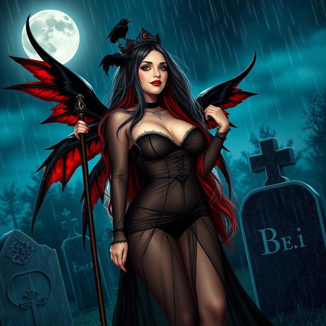 A beautiful, innocent, curvy, sexy girl with very long black, red, and silver hair stands in a graveyard at night, her sweet, soft face accentuated by dark gothic makeup